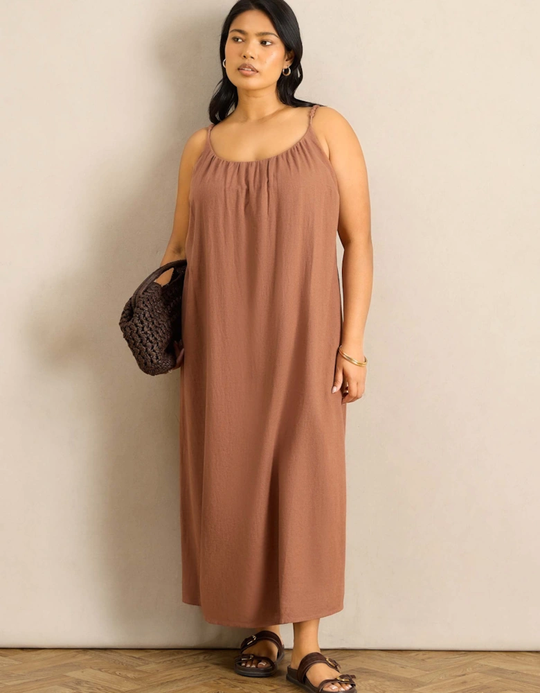 Tan Linen Blend Bobble Trim Maxi Dress