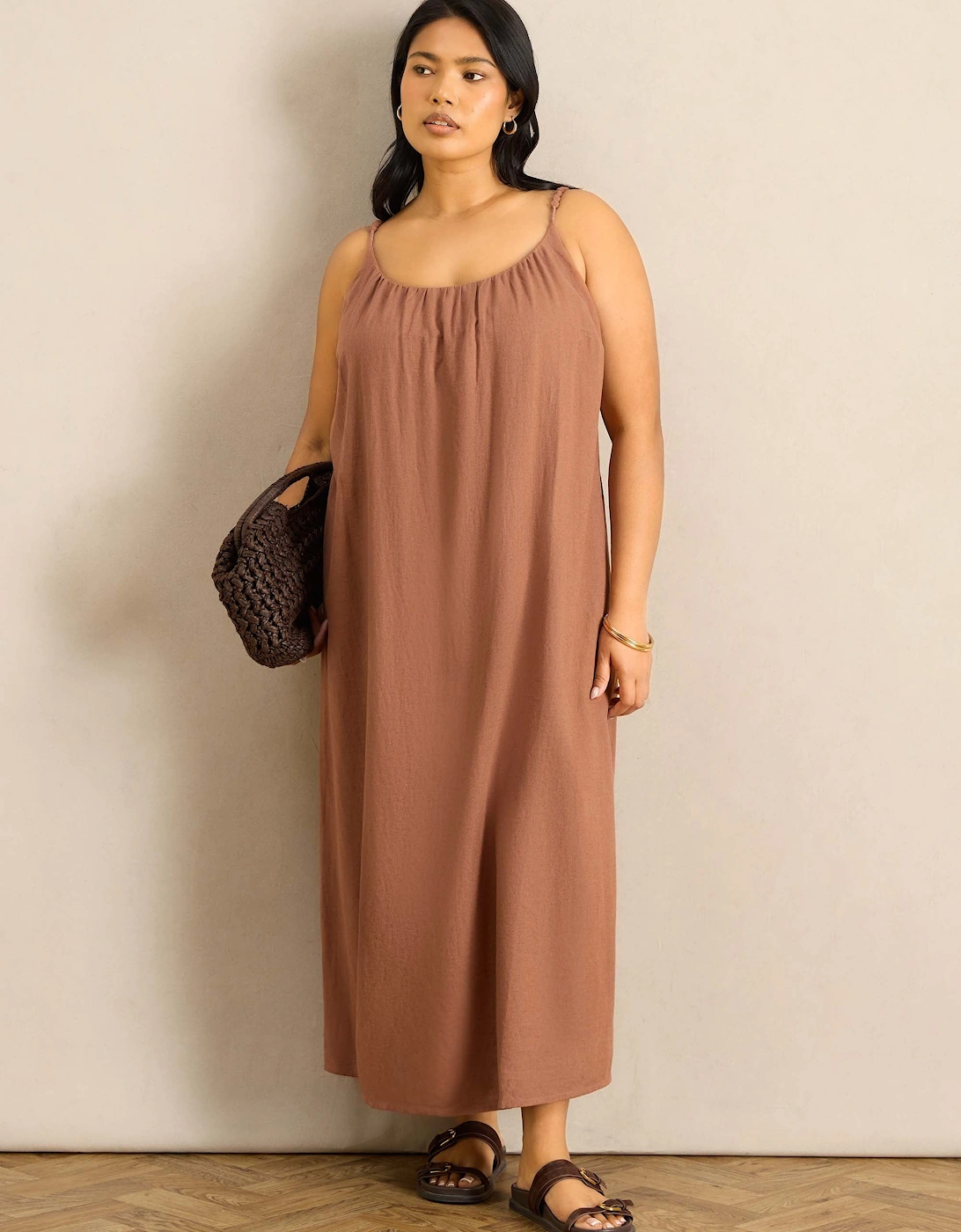 Tan Linen Blend Bobble Trim Maxi Dress, 7 of 6