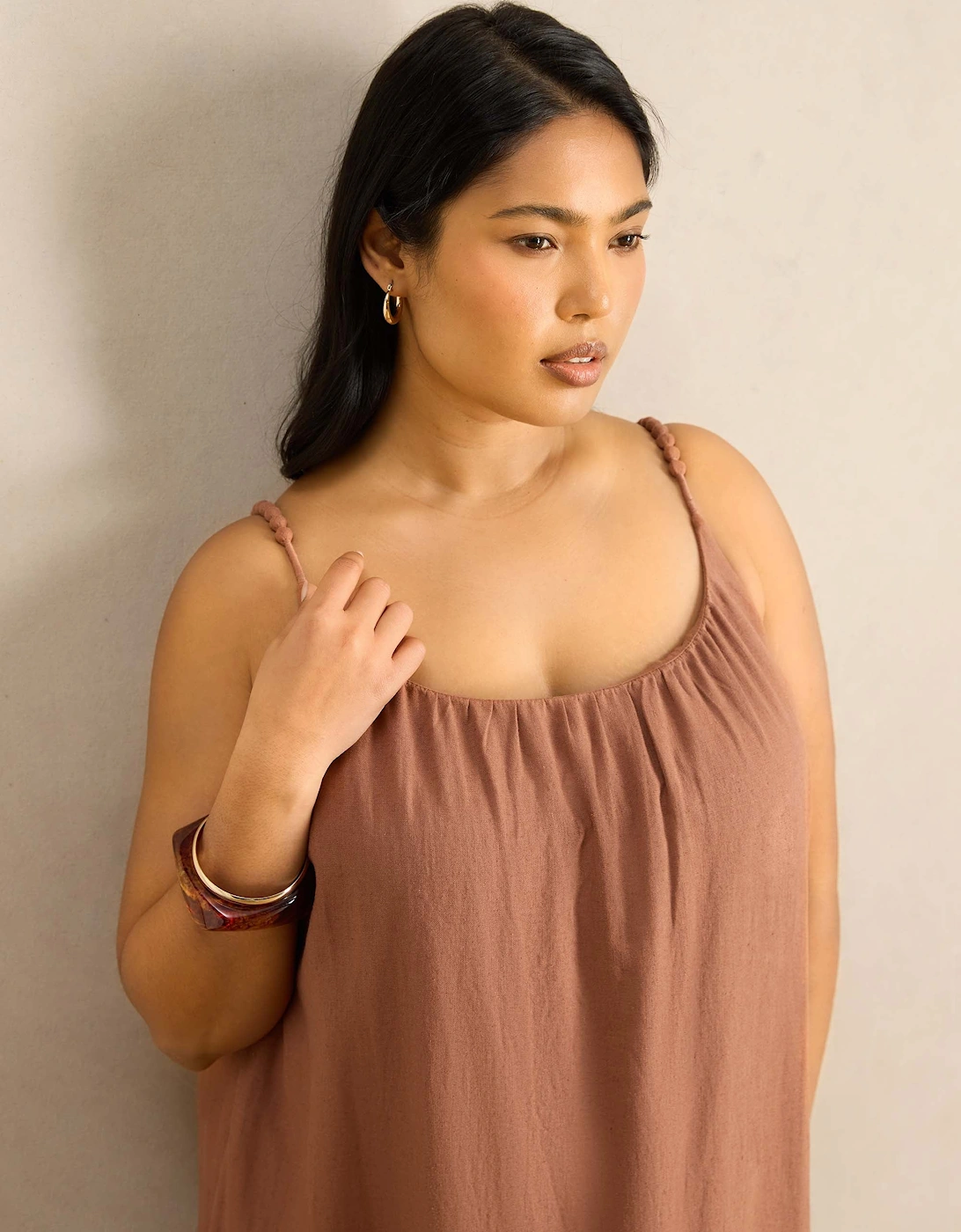 Tan Linen Blend Bobble Trim Maxi Dress