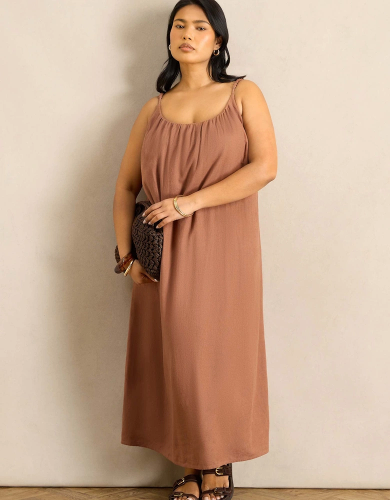 Tan Linen Blend Bobble Trim Maxi Dress