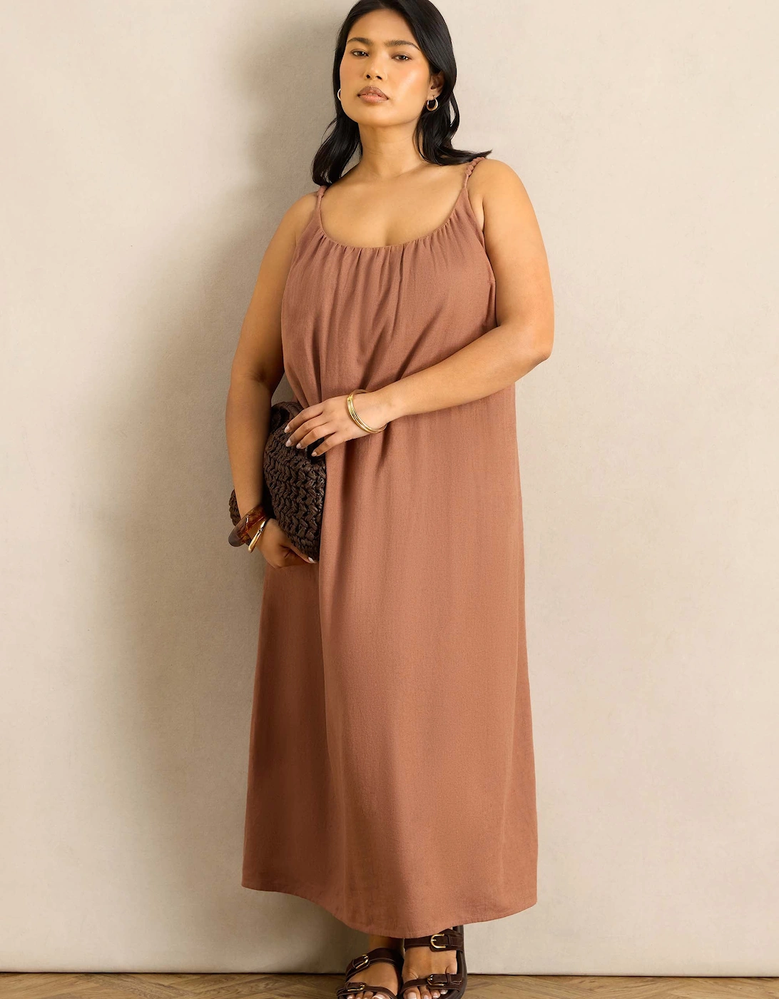 Tan Linen Blend Bobble Trim Maxi Dress