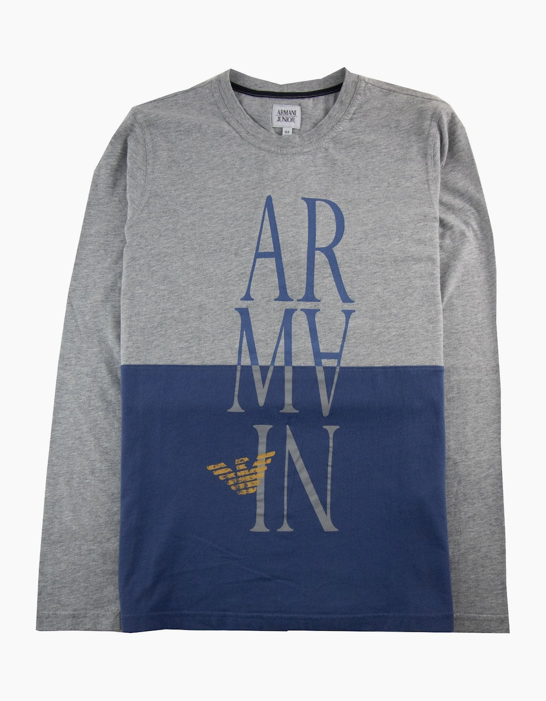Armani Junior Logo Print L/s T Shirt Grey/Blue