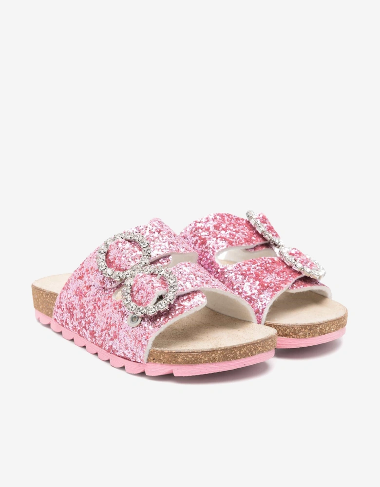 Monnalisa Girls Jewel Buckle Glitter Sandals in Pink