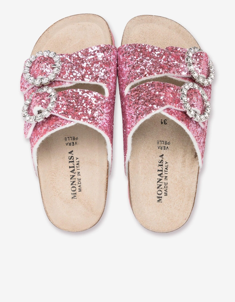 Monnalisa Girls Jewel Buckle Glitter Sandals in Pink
