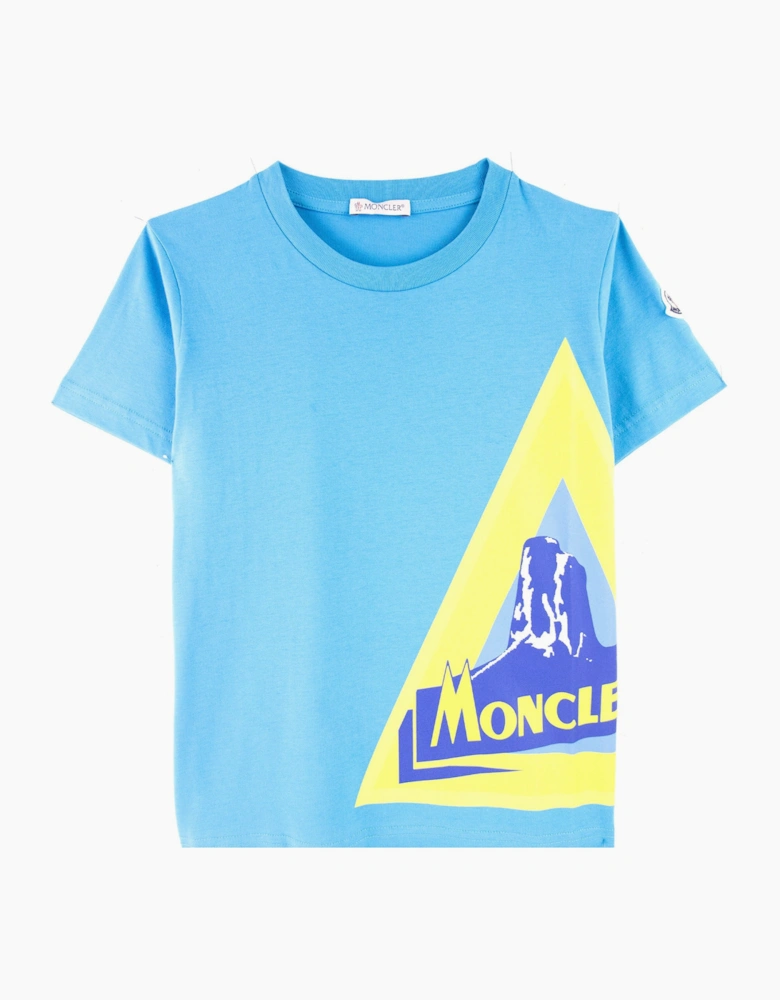 Moncler Junior Mountain Print Logo T Shirt Blue/yellow