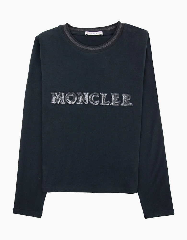 Moncler Junior Sequin Logo Long Sleeve T Shirt Black 999