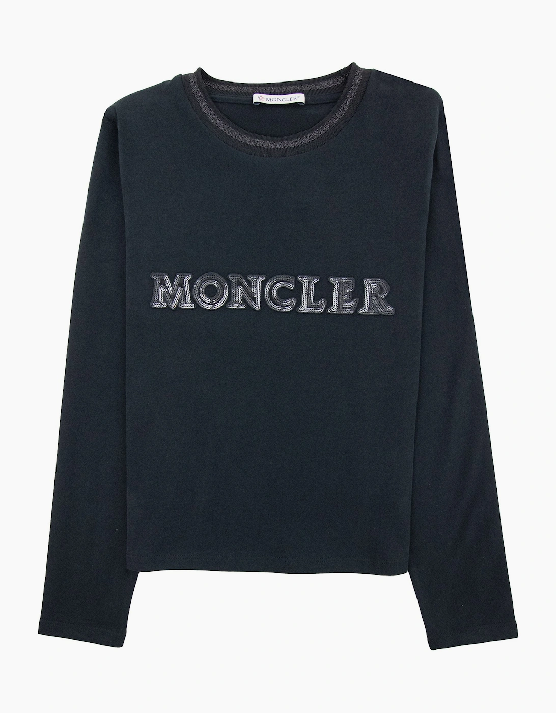 Moncler Junior Sequin Logo Long Sleeve T Shirt Black 999