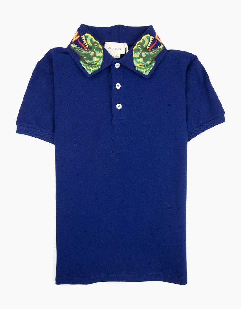 Gucci Junior Embroidered Dinosaur Collar Polo Shirt Blue 4622