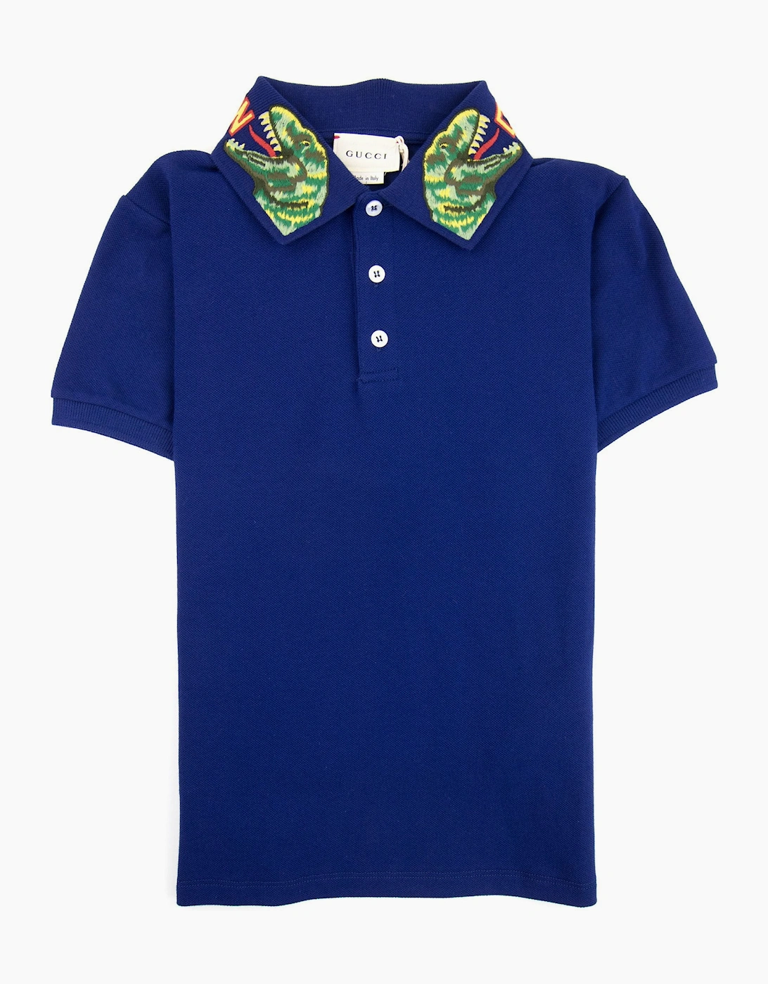 Gucci Junior Embroidered Dinosaur Collar Polo Shirt Blue 4622