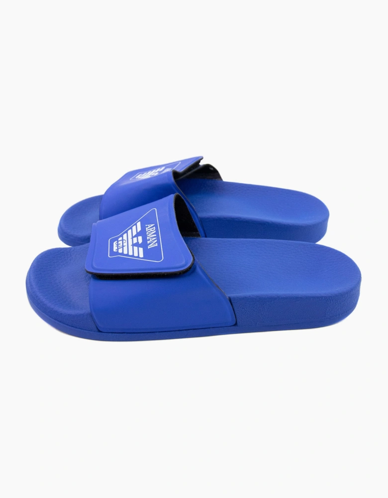 Armani Junior Logo Leather Sliders Royal Blue