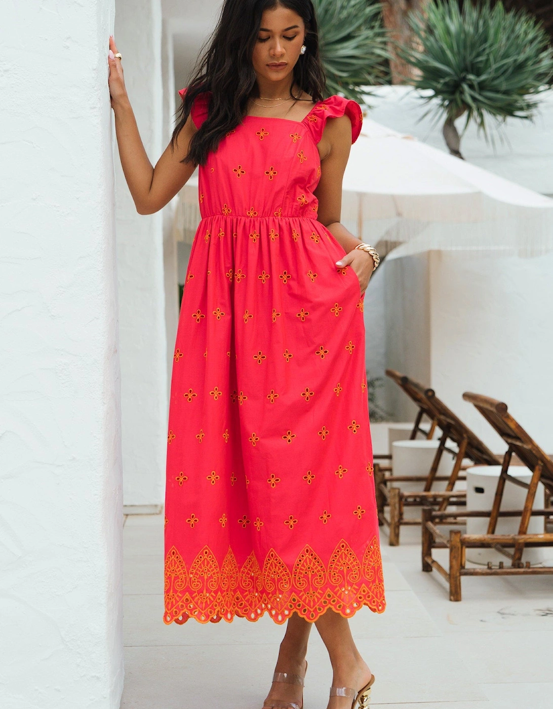 Gini London Women's Red Pink Ruffle Sleeves Broderie Sun Dress - Size 12