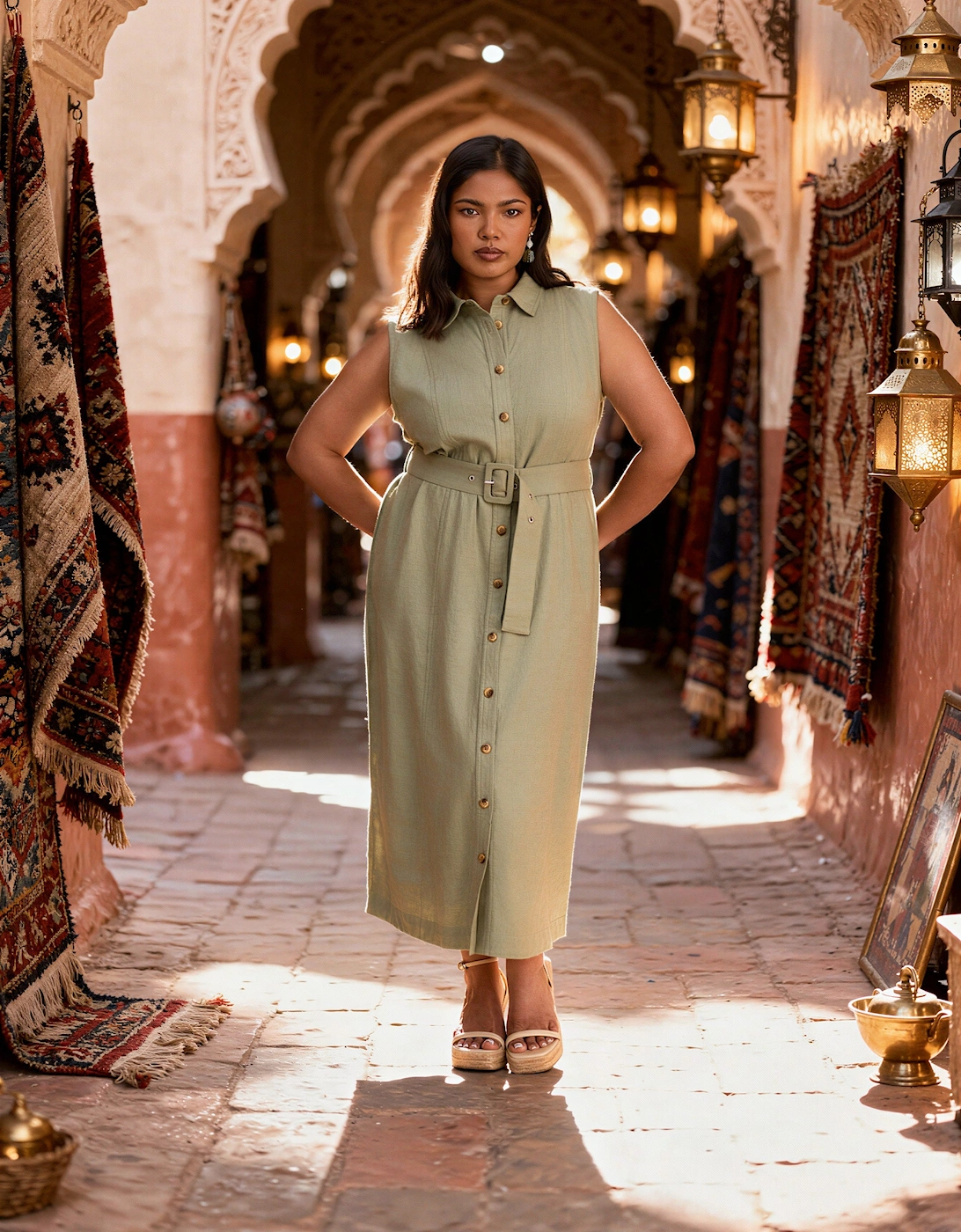 Green Linen Blend Belted Midi Shirt Dress