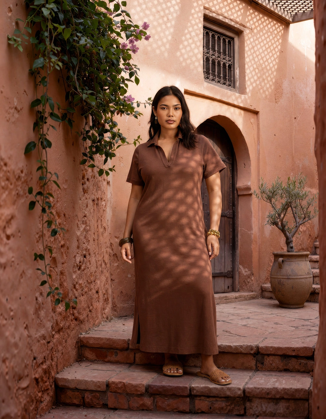 Chocolate Brown Slub Jersey Polo Collared Midi Dress