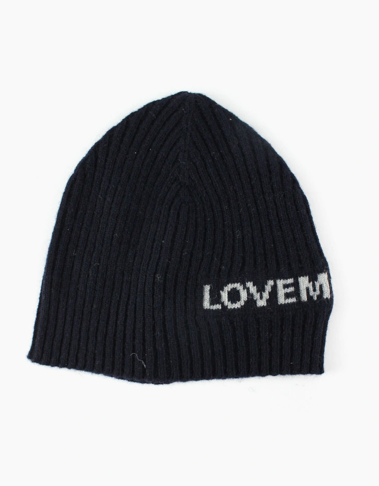 Love Moschino Logo Print Ribbed Knitted Beanie Navy