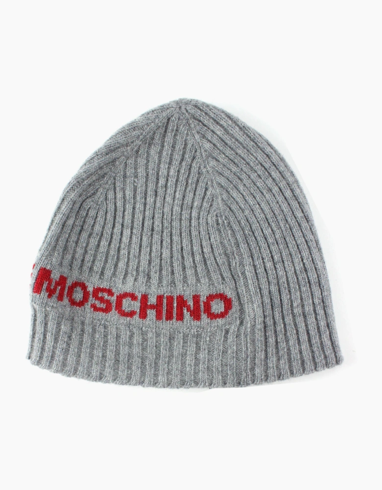 Love Moschino Logo Print Ribbed Knitted Beanie Grey
