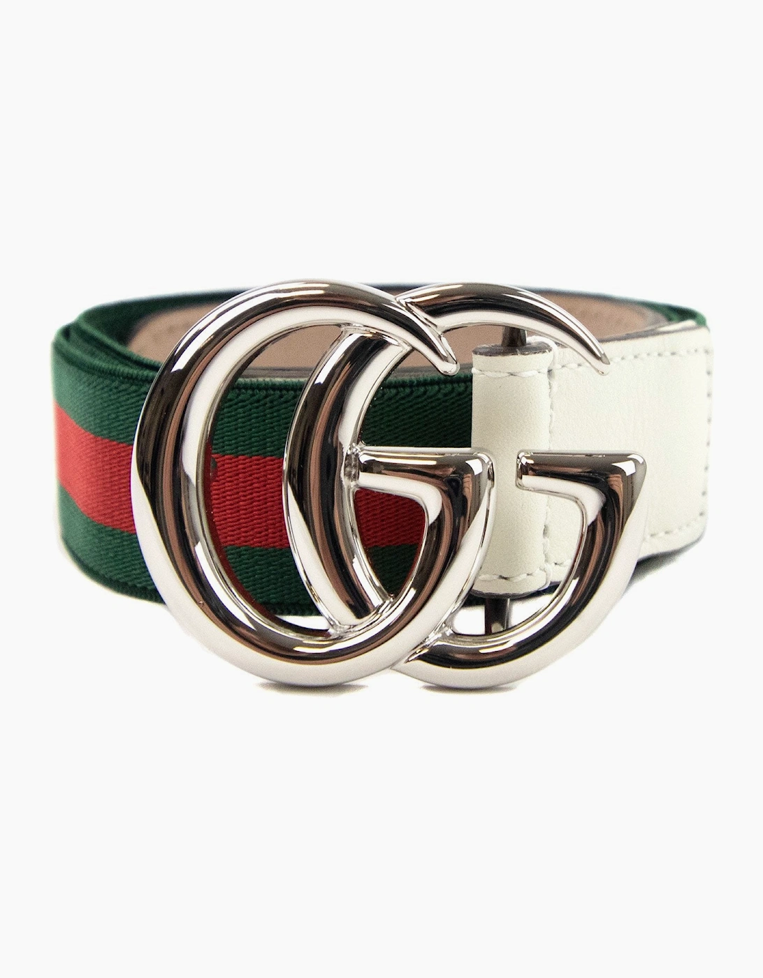 Gucci Junior Gg Silver Buckle Leather Belt Green/red