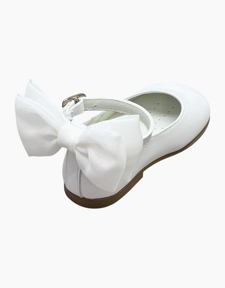 Girls White Leather Ankle Strap Bow Shoes