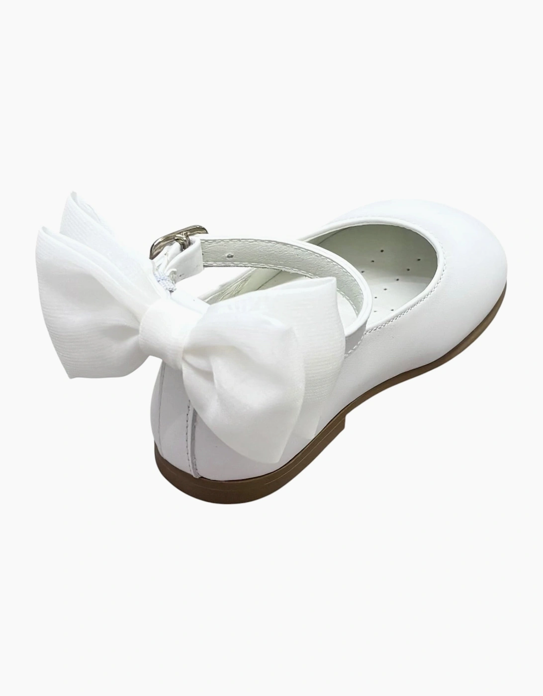 Girls White Leather Ankle Strap Bow Shoes