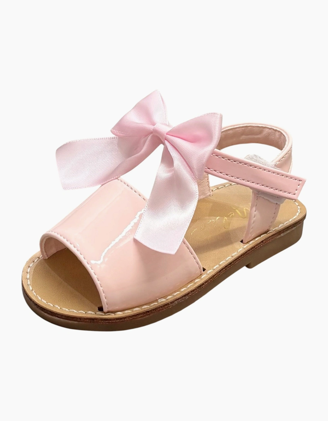 Girls Pale Pink Satin Bow Velcro Sandals