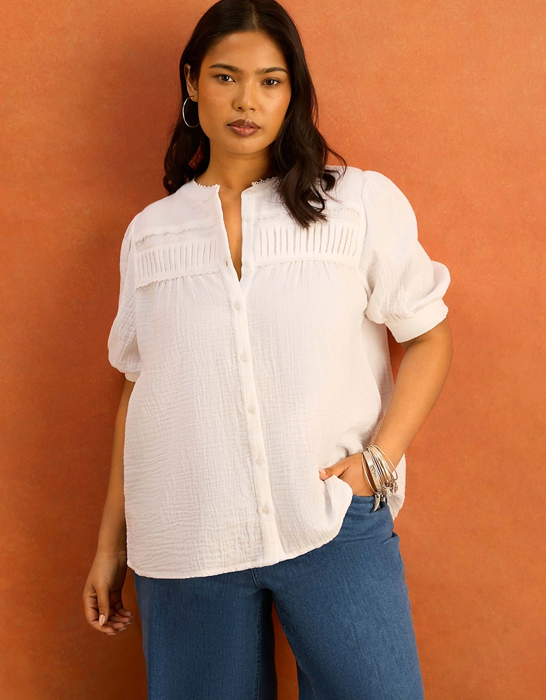 White Cheesecloth Pintuck Detail Short Sleeve Blouse, 6 of 5