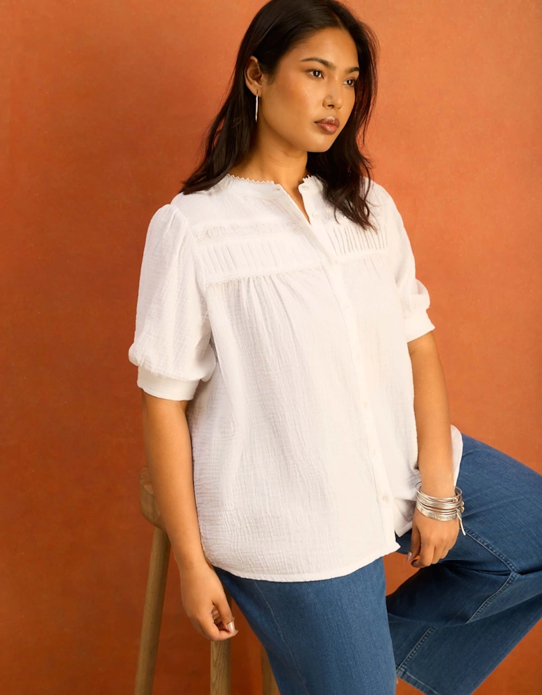 White Cheesecloth Pintuck Detail Short Sleeve Blouse