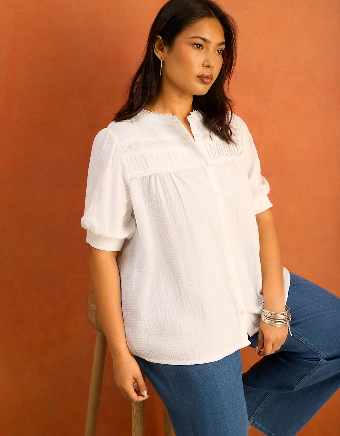 White Cheesecloth Pintuck Detail Short Sleeve Blouse