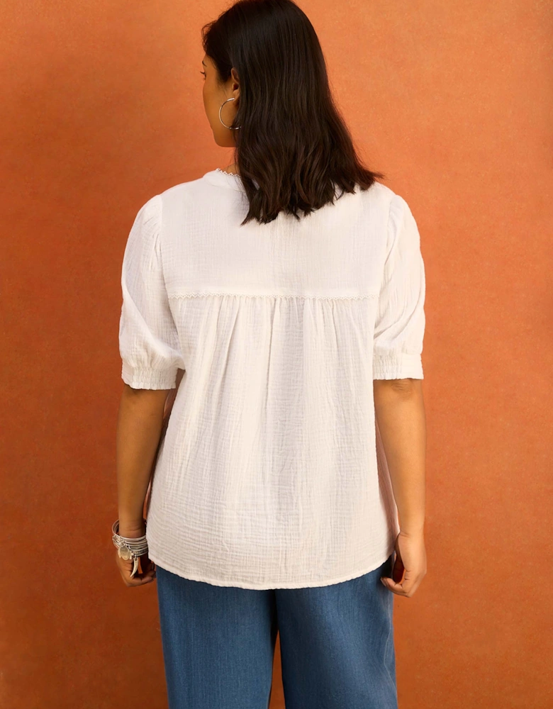 White Cheesecloth Pintuck Detail Short Sleeve Blouse