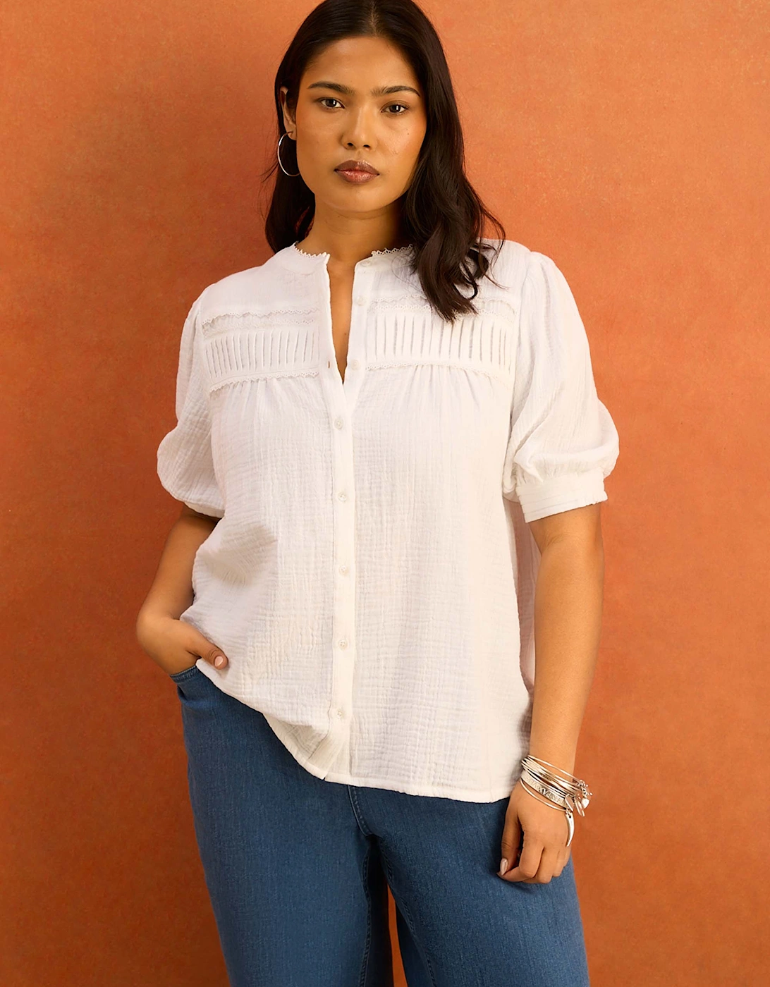 White Cheesecloth Pintuck Detail Short Sleeve Blouse
