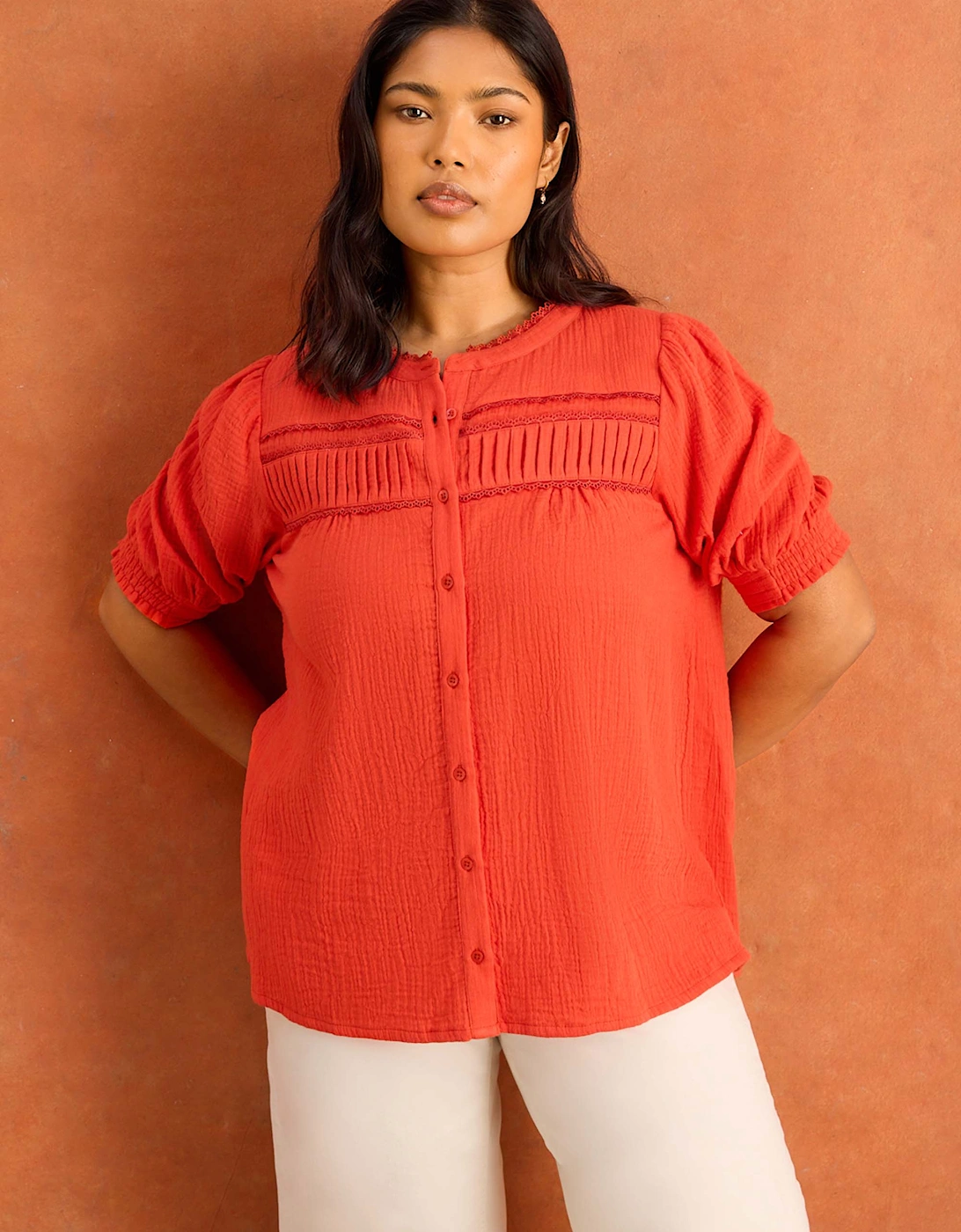 Red Cheesecloth Pintuck Detail Short Sleeve Blouse, 6 of 5