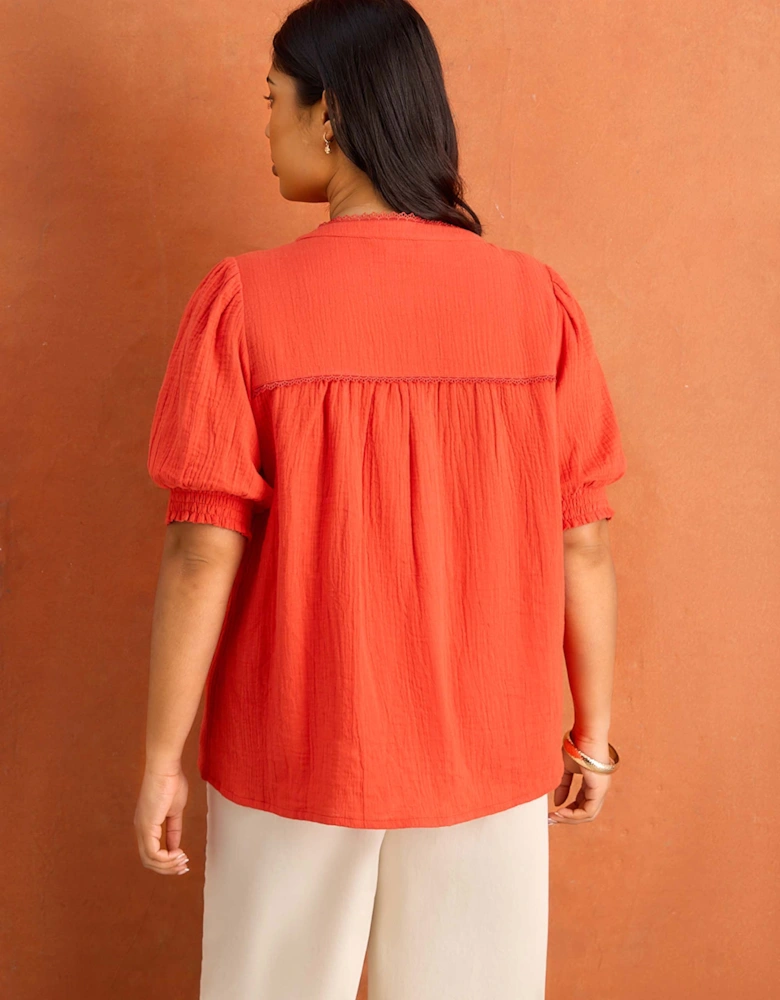 Red Cheesecloth Pintuck Detail Short Sleeve Blouse