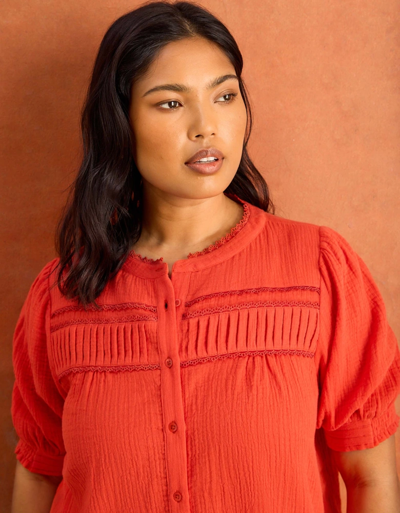 Red Cheesecloth Pintuck Detail Short Sleeve Blouse