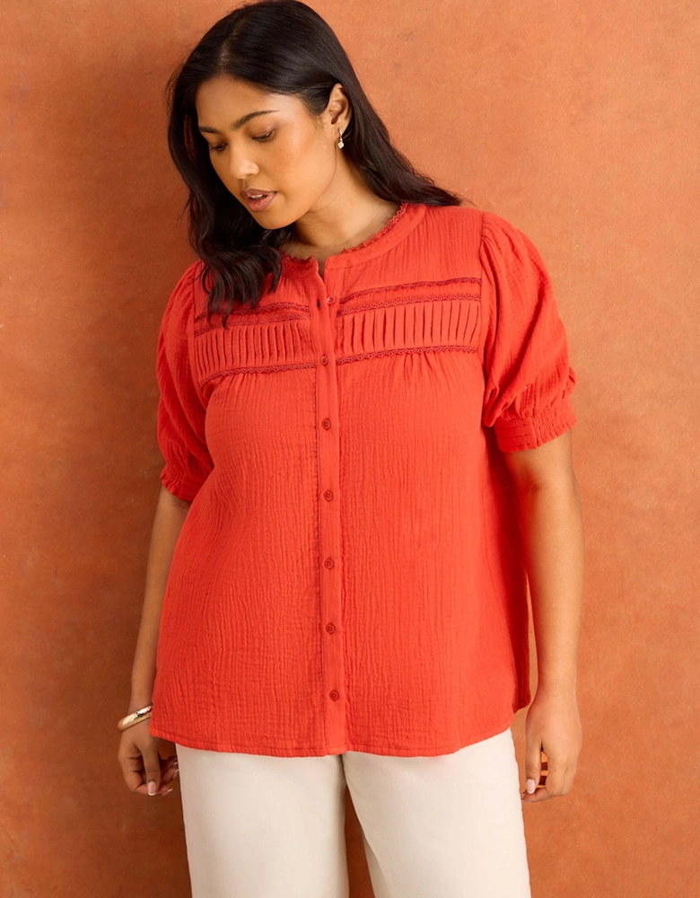 Red Cheesecloth Pintuck Detail Short Sleeve Blouse