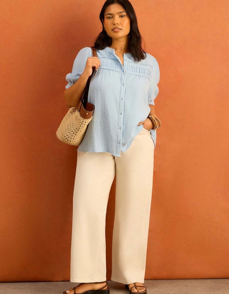 Blue Cheesecloth Pintuck Detail Short Sleeve Blouse