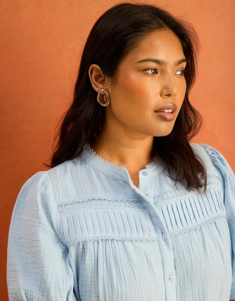 Blue Cheesecloth Pintuck Detail Short Sleeve Blouse