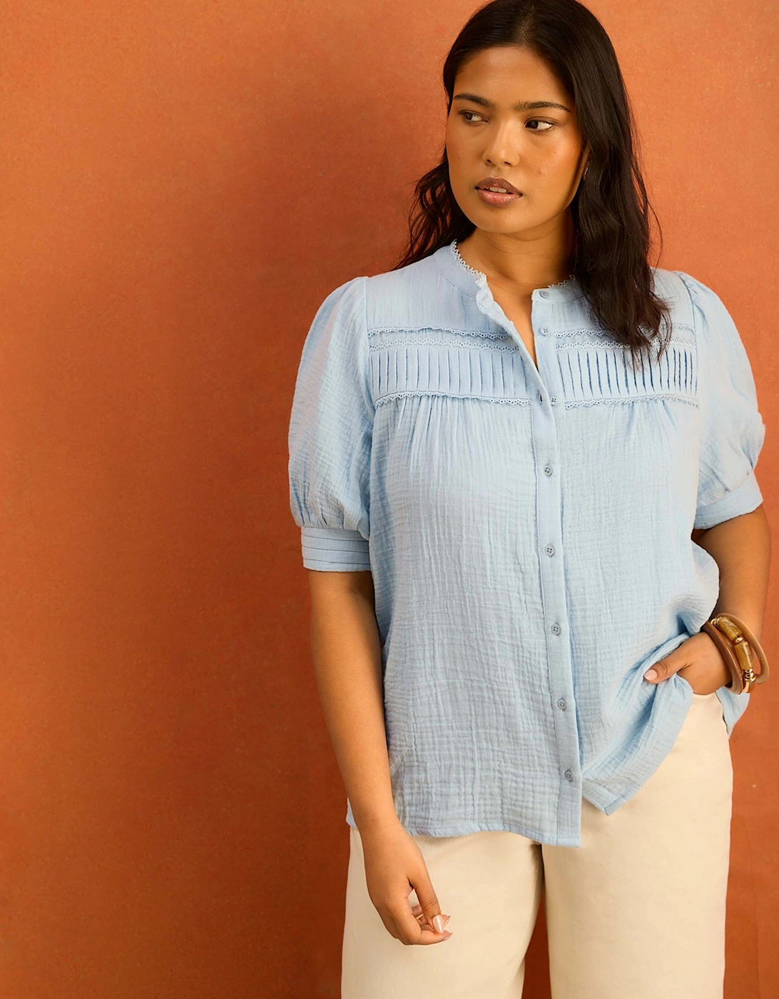 Blue Cheesecloth Pintuck Detail Short Sleeve Blouse