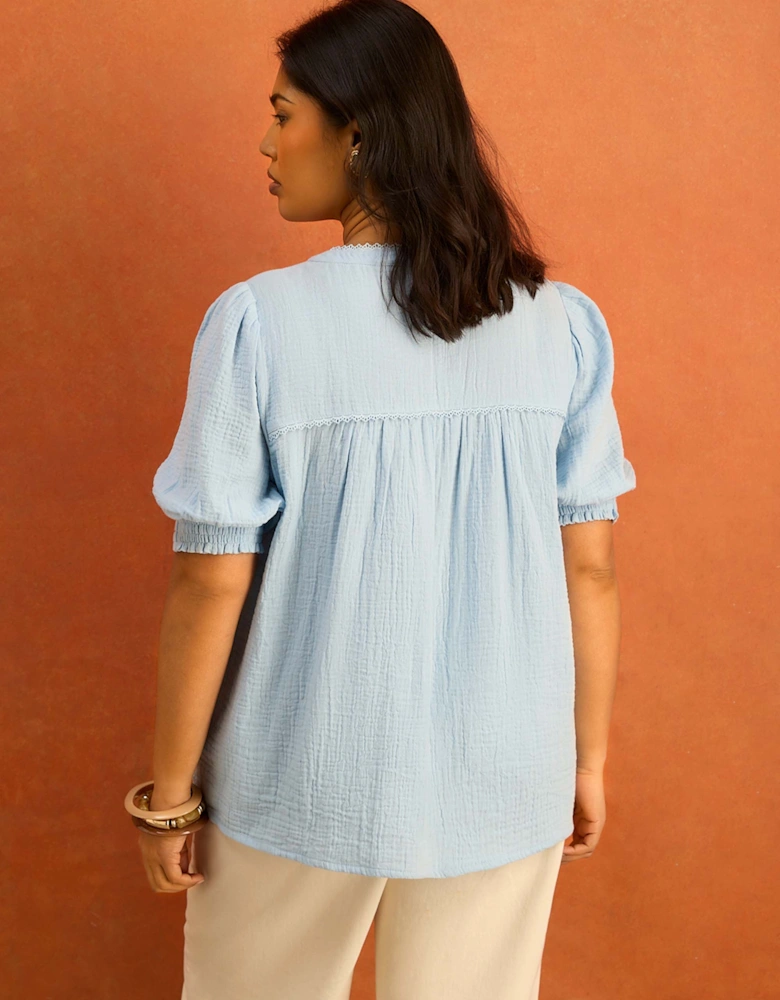 Blue Cheesecloth Pintuck Detail Short Sleeve Blouse