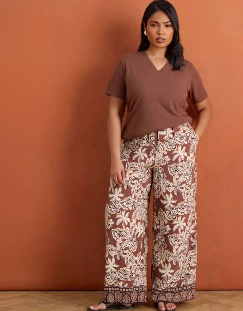 Brown Paisley Border Print Wide Leg Trousers