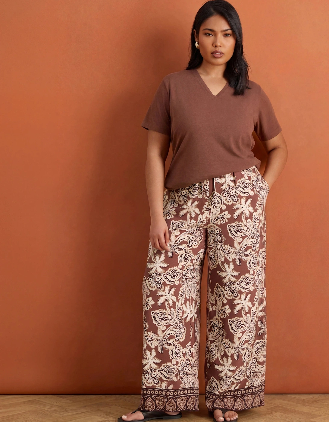 Brown Paisley Border Print Wide Leg Trousers