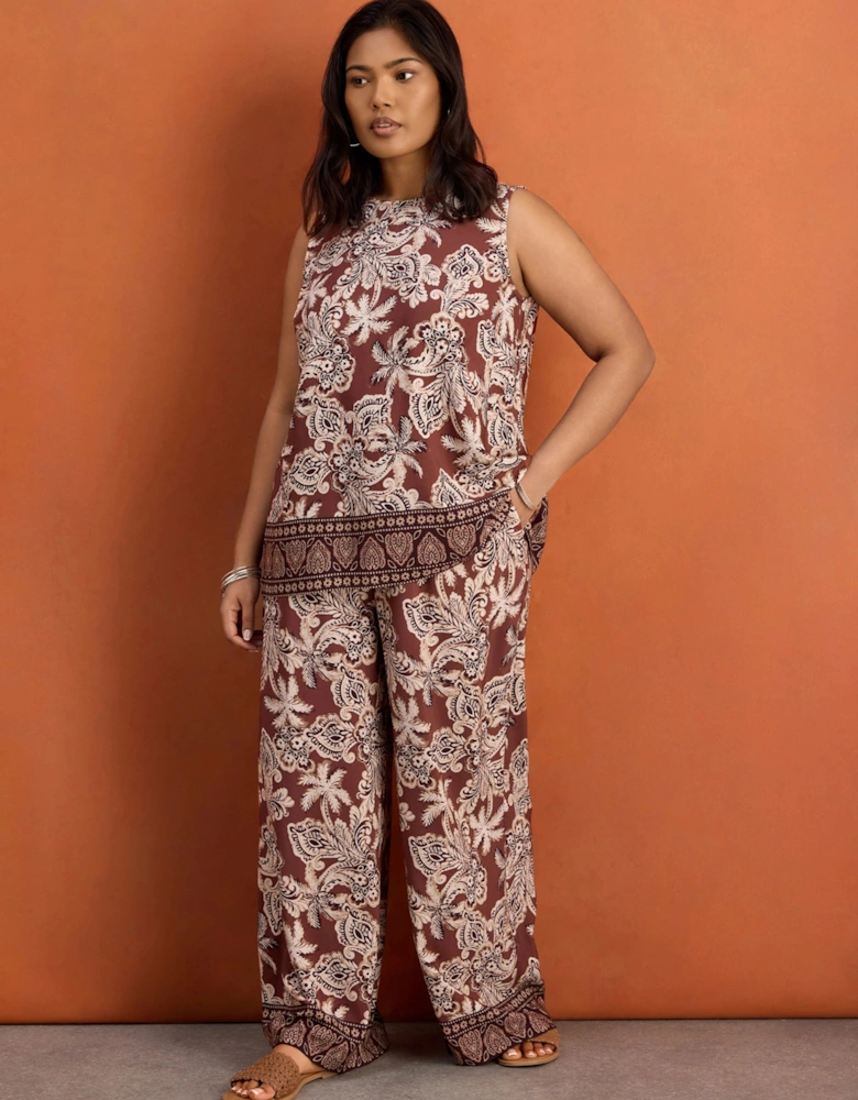 Brown Paisley Border Print Wide Leg Trousers