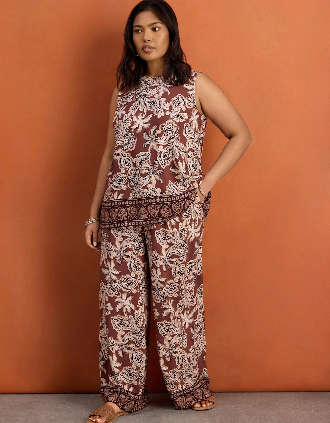 Brown Paisley Border Print Wide Leg Trousers