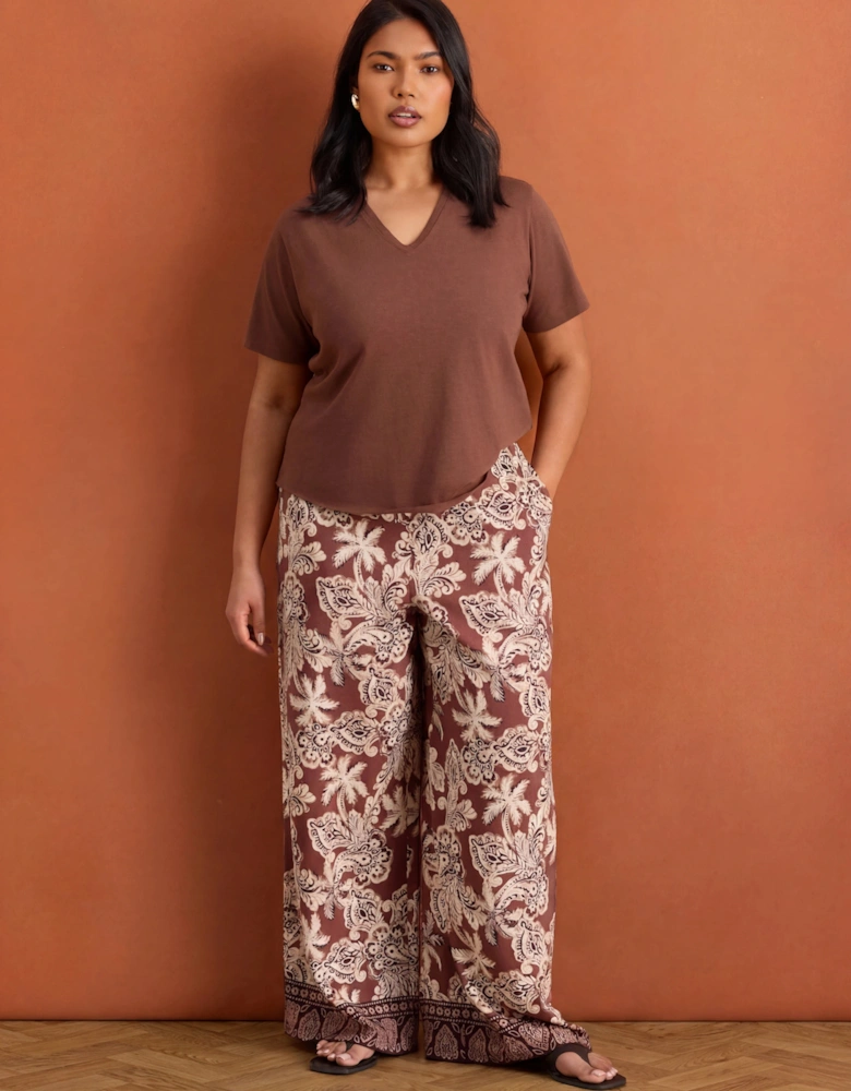 Brown Paisley Border Print Wide Leg Trousers