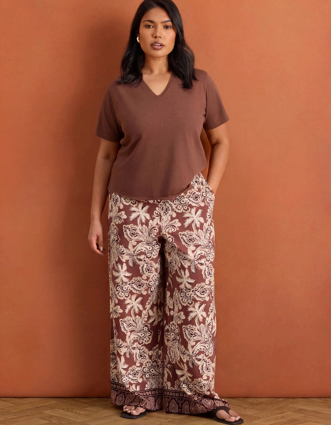 Brown Paisley Border Print Wide Leg Trousers