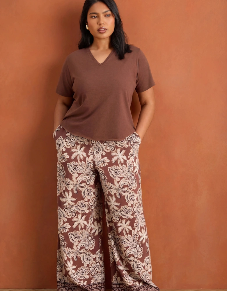 Brown Paisley Border Print Wide Leg Trousers