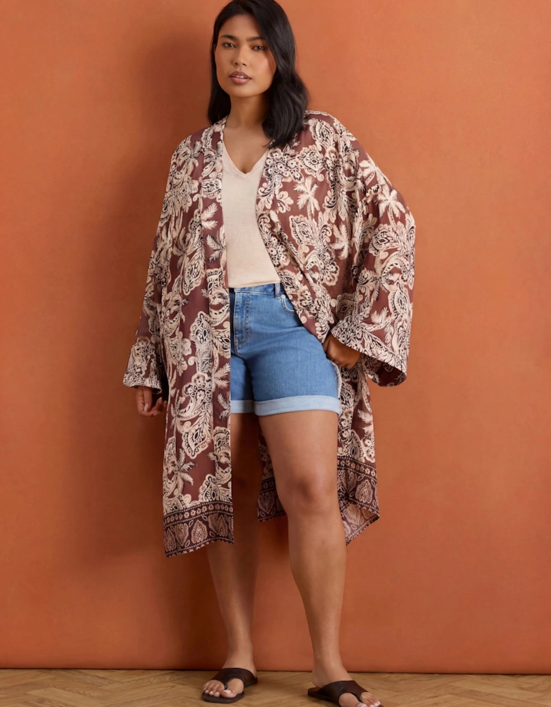 Brown Paisley Placement Printed Kimono