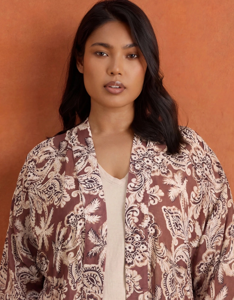Brown Paisley Placement Printed Kimono