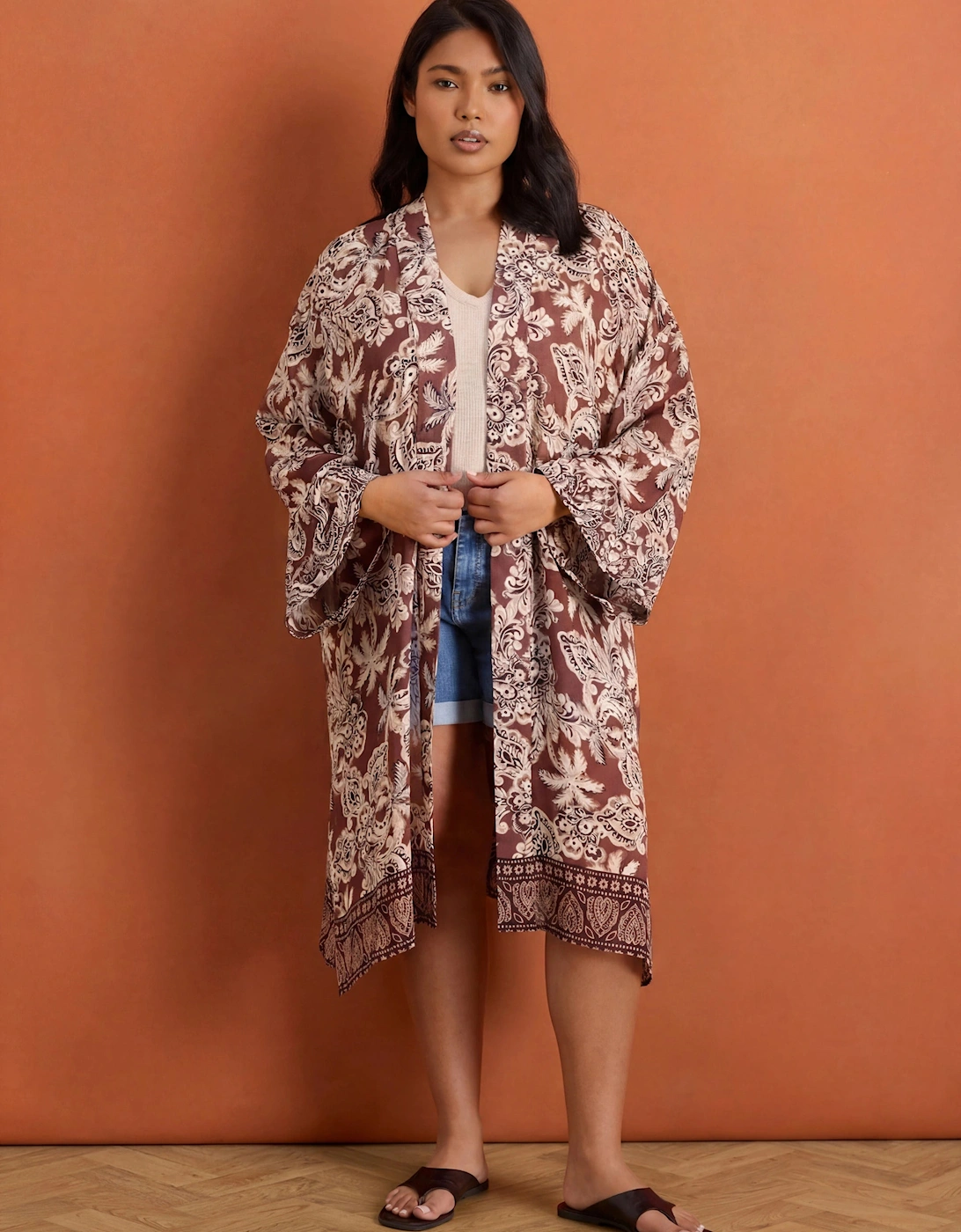 Brown Paisley Placement Printed Kimono, 5 of 4