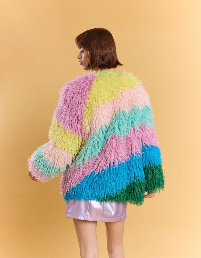 Multi Coloured Pastel Rainbow Faux Fur Coat