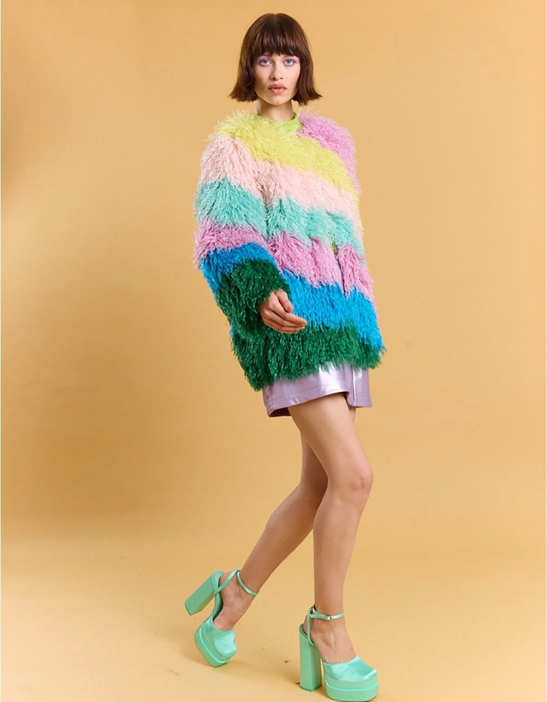 Multi Coloured Pastel Rainbow Faux Fur Coat