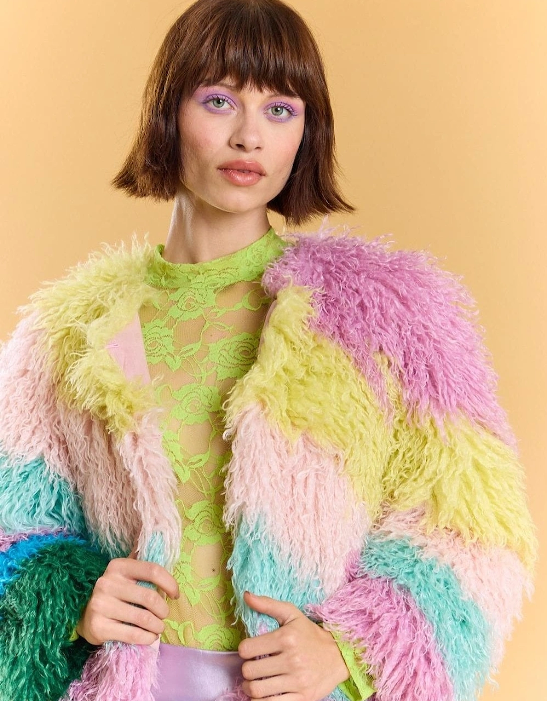 Multi Coloured Pastel Rainbow Faux Fur Coat