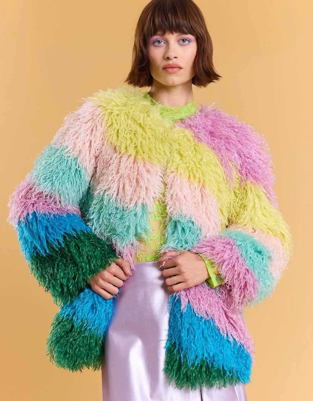 Multi Coloured Pastel Rainbow Faux Fur Coat, 6 of 5